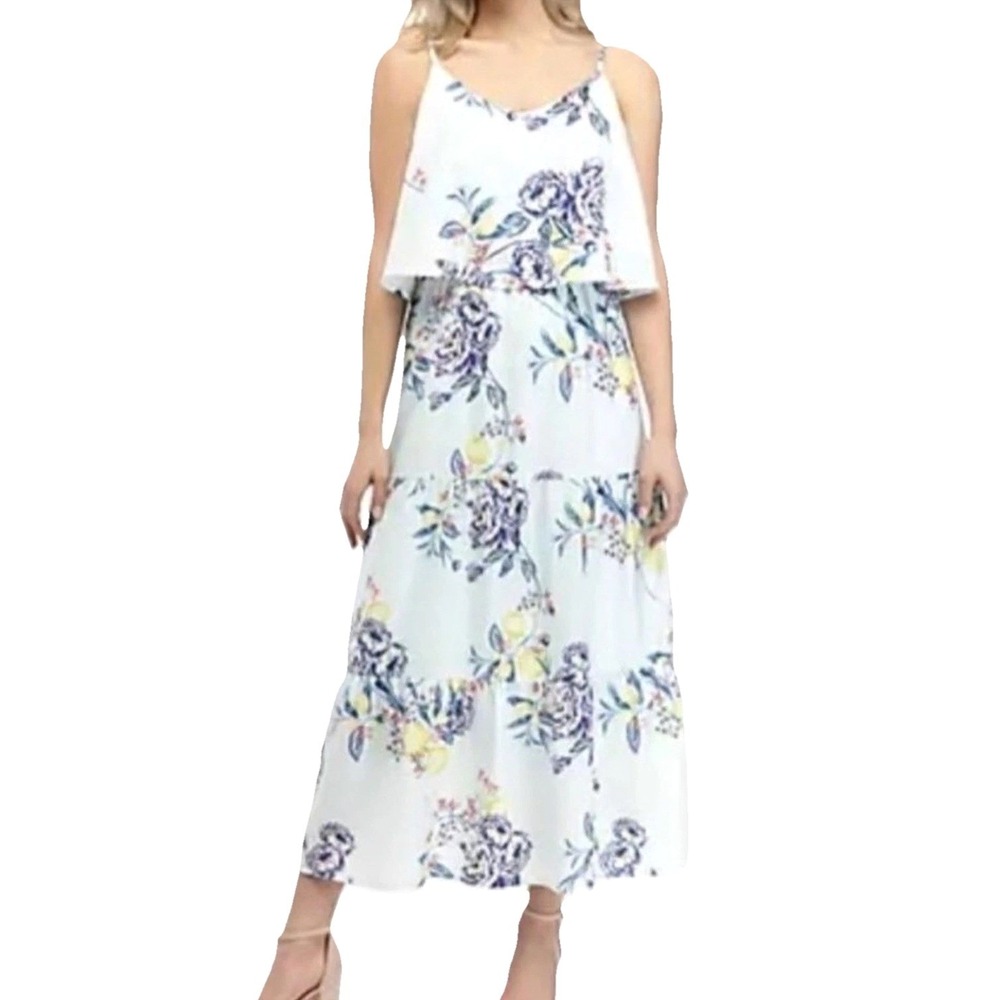 Kaari Blue Floral Dress Tiered Maxi Women's M Cottagecore Coquette Fairy Garden